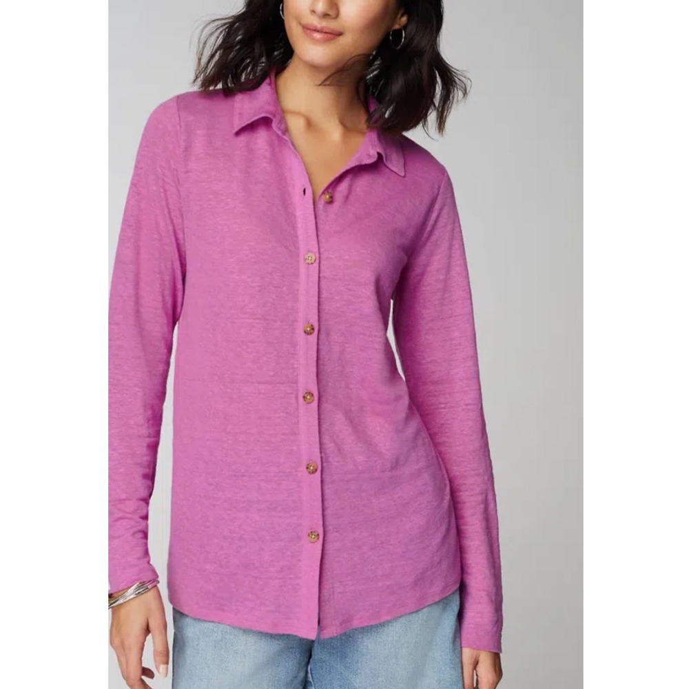 J Jill Love Linen Button Up Shirt L Purple Long Sleeve Collared Coastal Resort